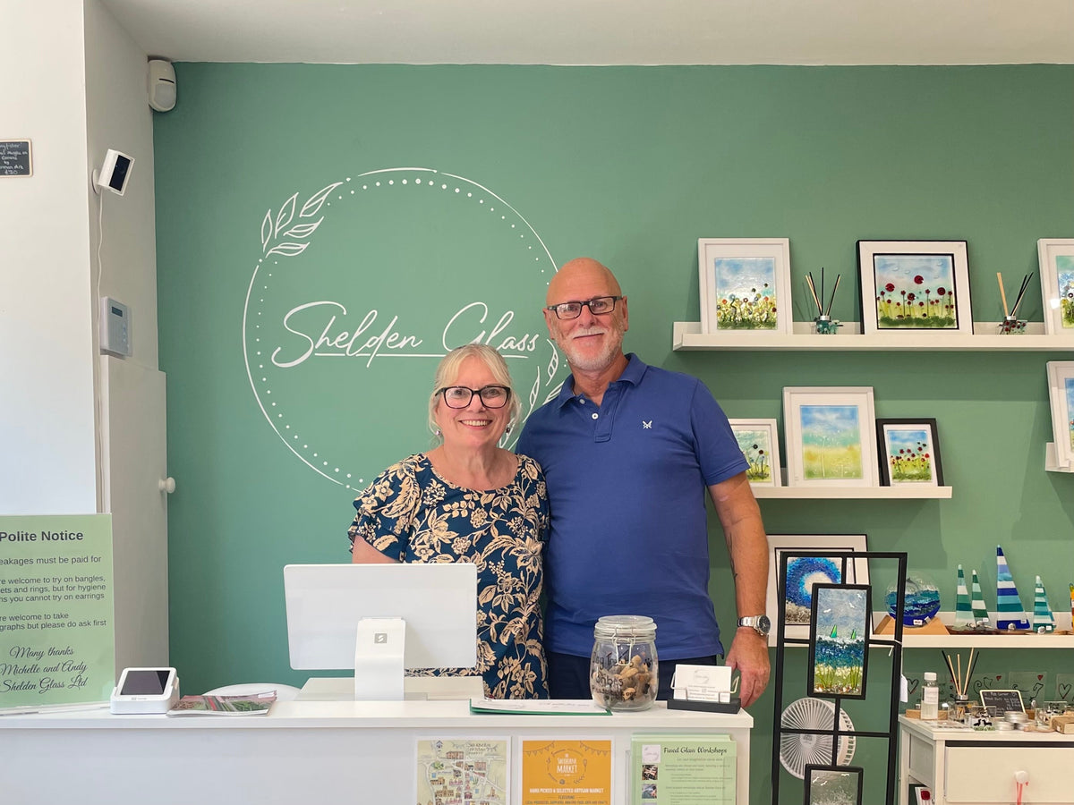Michelle and Andy in the Shelden Glass shop in Sherborne