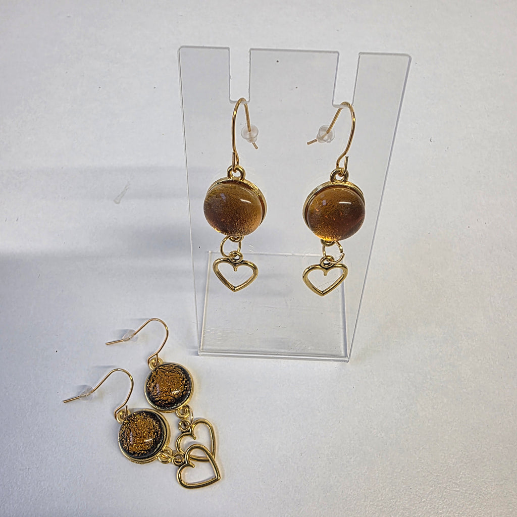 Amber & Gold Dichroic Glass Heart Charm Earrings – Gold Plated