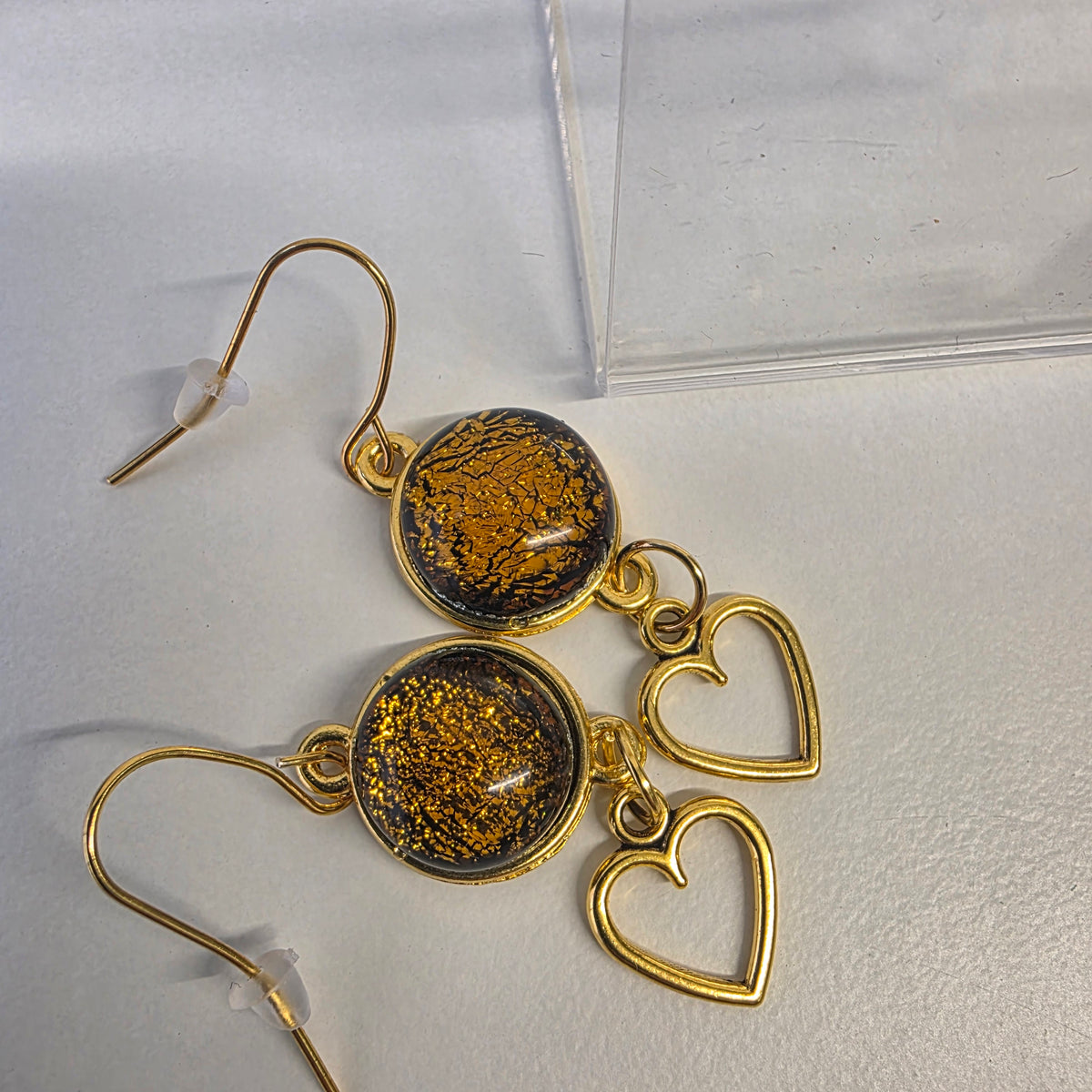 Amber & Gold Dichroic Glass Heart Charm Earrings – Gold Plated