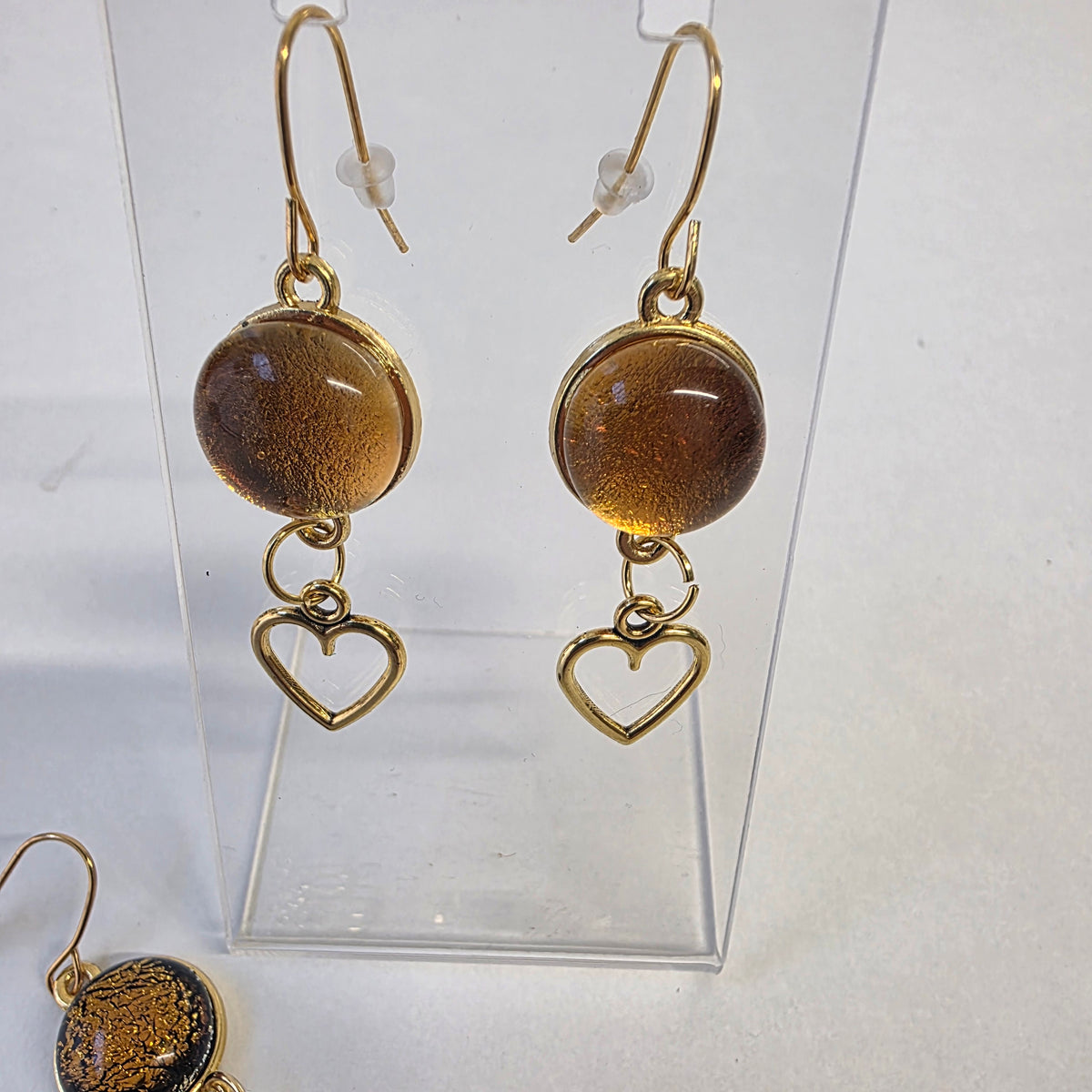 Amber & Gold Dichroic Glass Heart Charm Earrings – Gold Plated