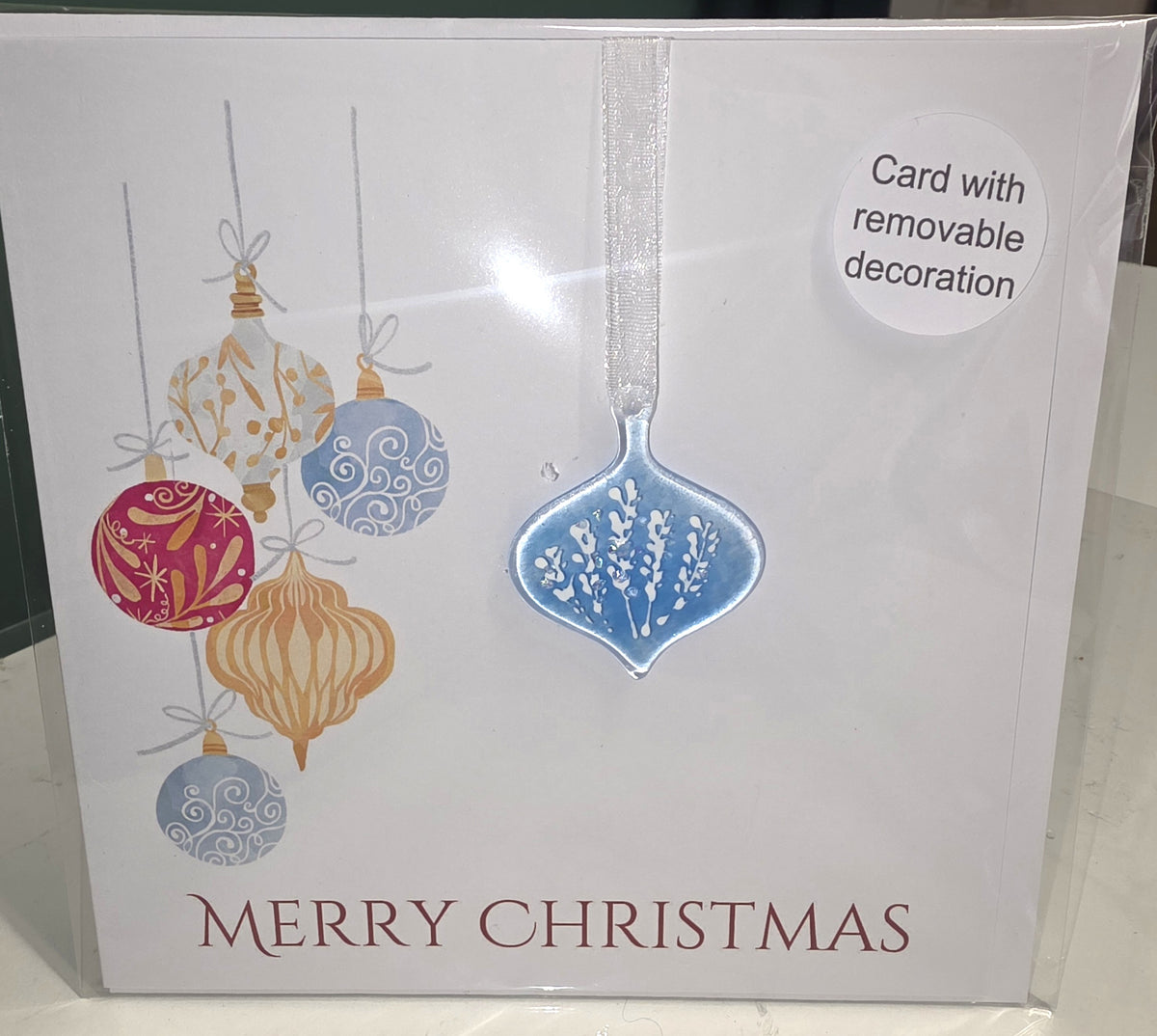 Fused Glass Teardrop Bauble Christmas Card with Removable Ornament