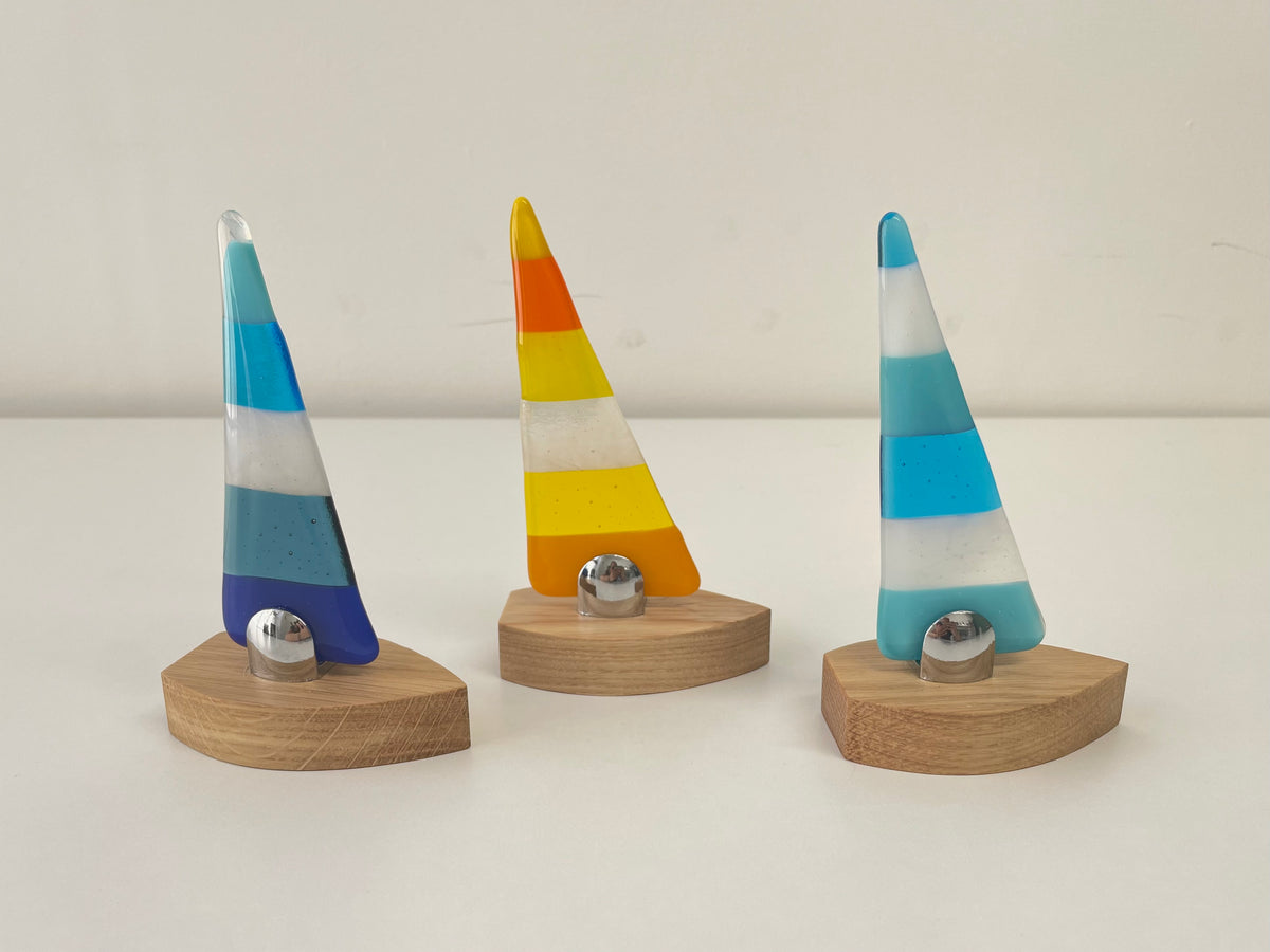 Handcrafted Fused Glass Sailboat Ornament on Wooden Base