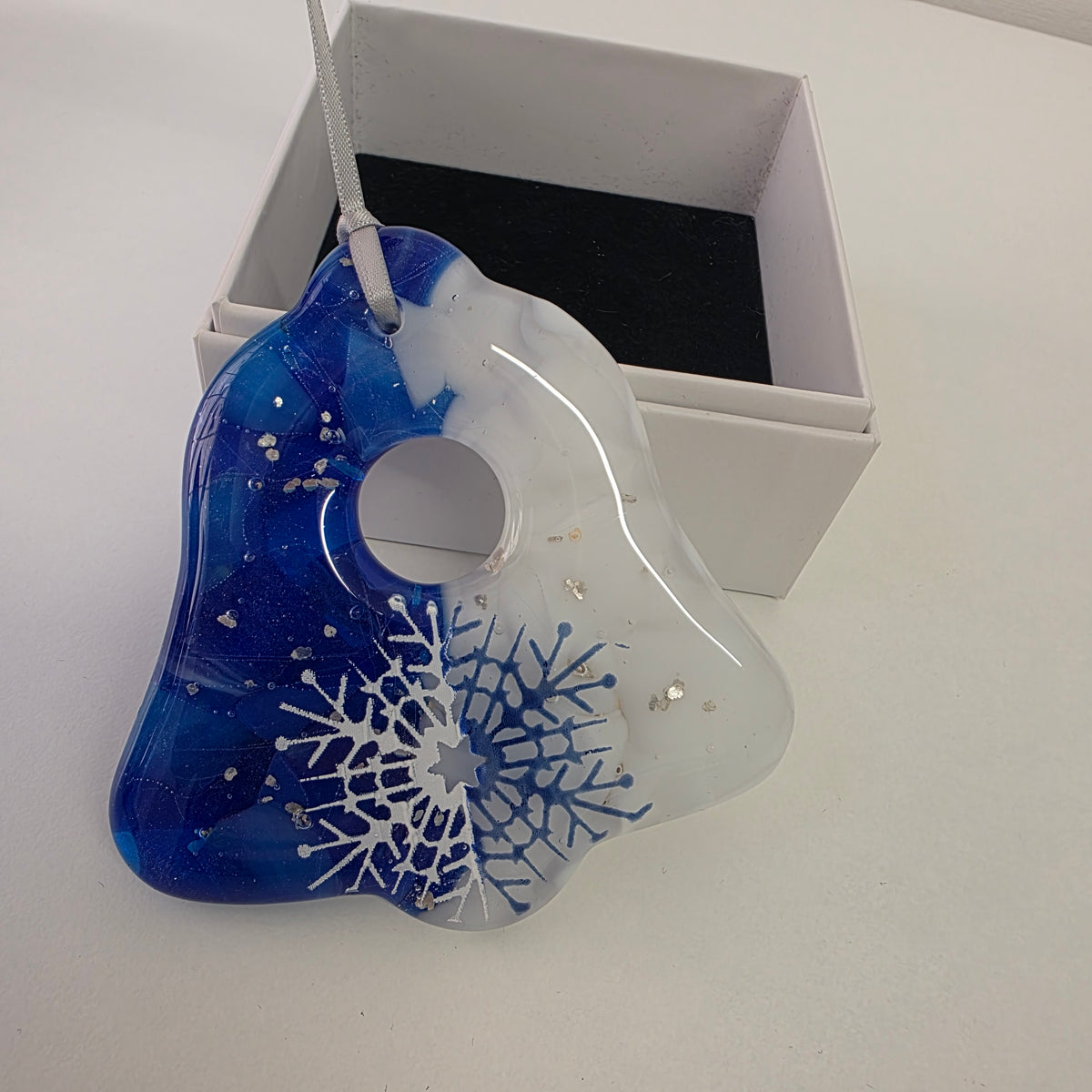 Fused Glass Christmas Bell Ornament – Snowflake & Silver Foil Gift Boxed