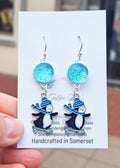 Dichroic Glass Festive Drop Earrings – Ice Skating Penguin & Snowman