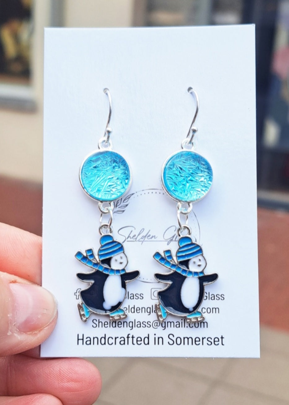 Dichroic Glass Festive Drop Earrings – Ice Skating Penguin & Snowman