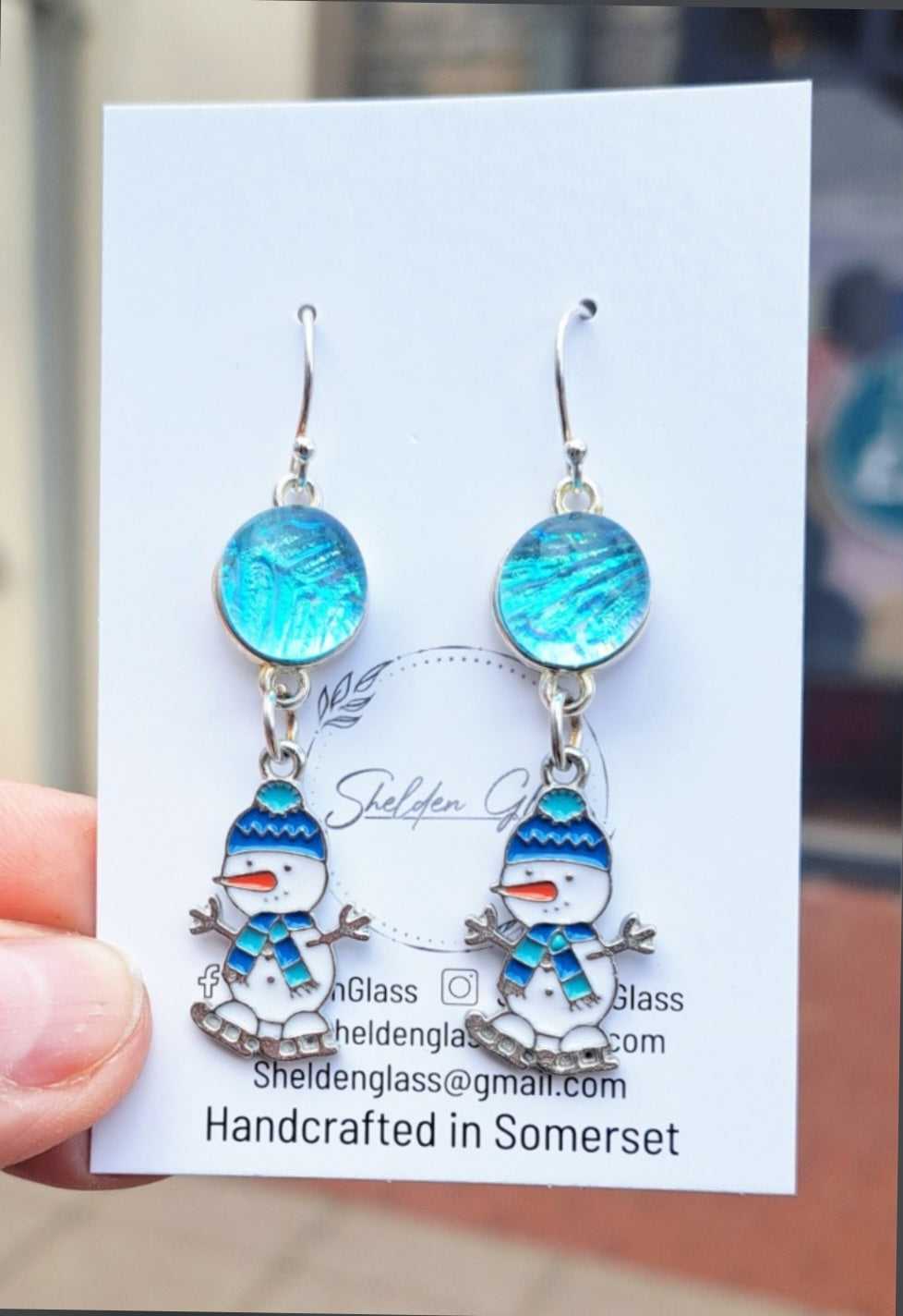 Dichroic Glass Festive Drop Earrings – Ice Skating Penguin & Snowman