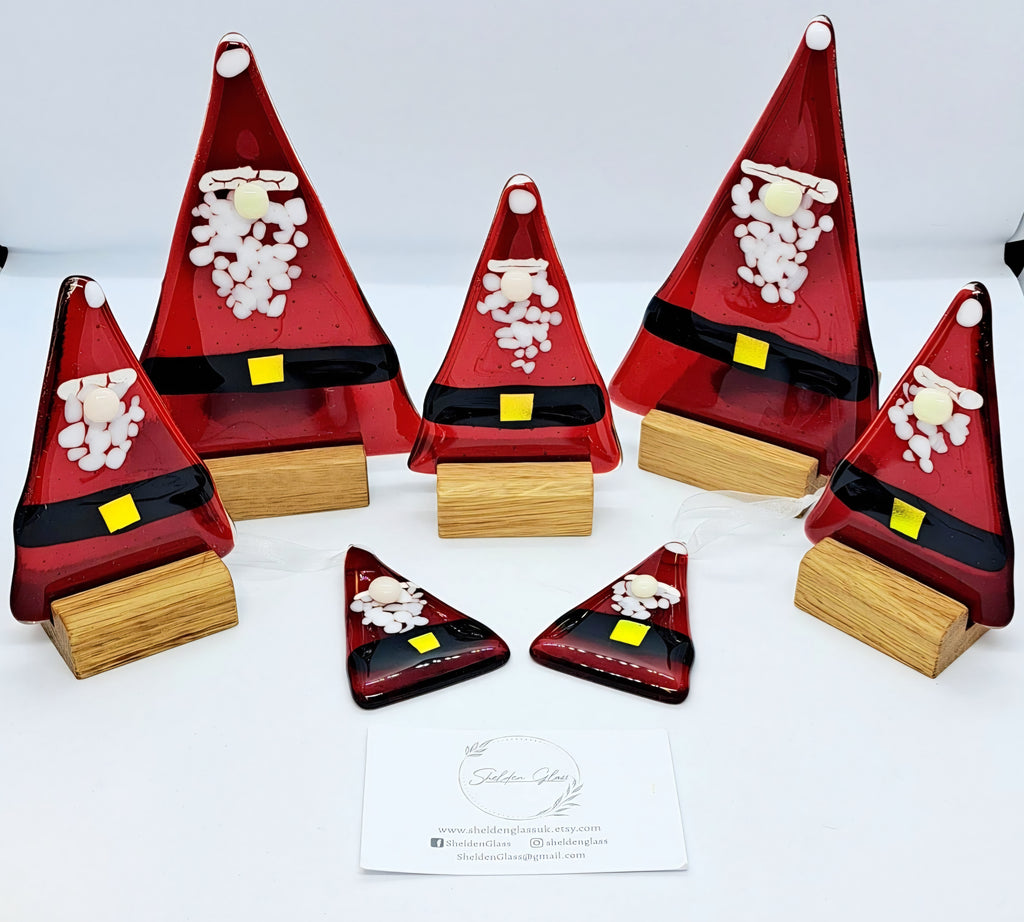 Handcrafted Fused Glass Santa Claus Standing Figures & Hanging Ornaments