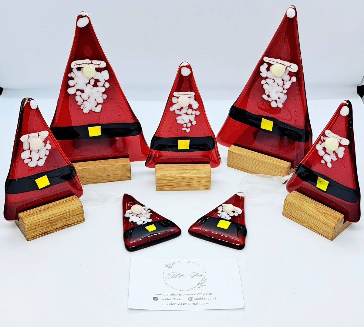Handcrafted Fused Glass Santa Claus Standing Figures & Hanging Ornaments