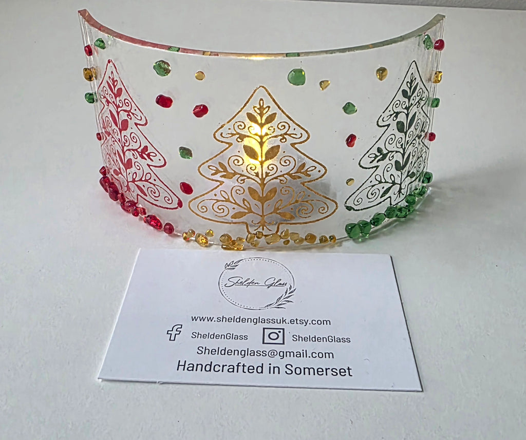 Handcrafted Fused Glass Christmas Tree Curved Candle Screen