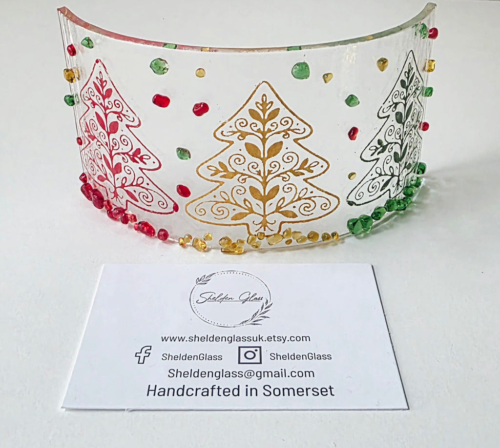 Handcrafted Fused Glass Christmas Tree Curved Candle Screen