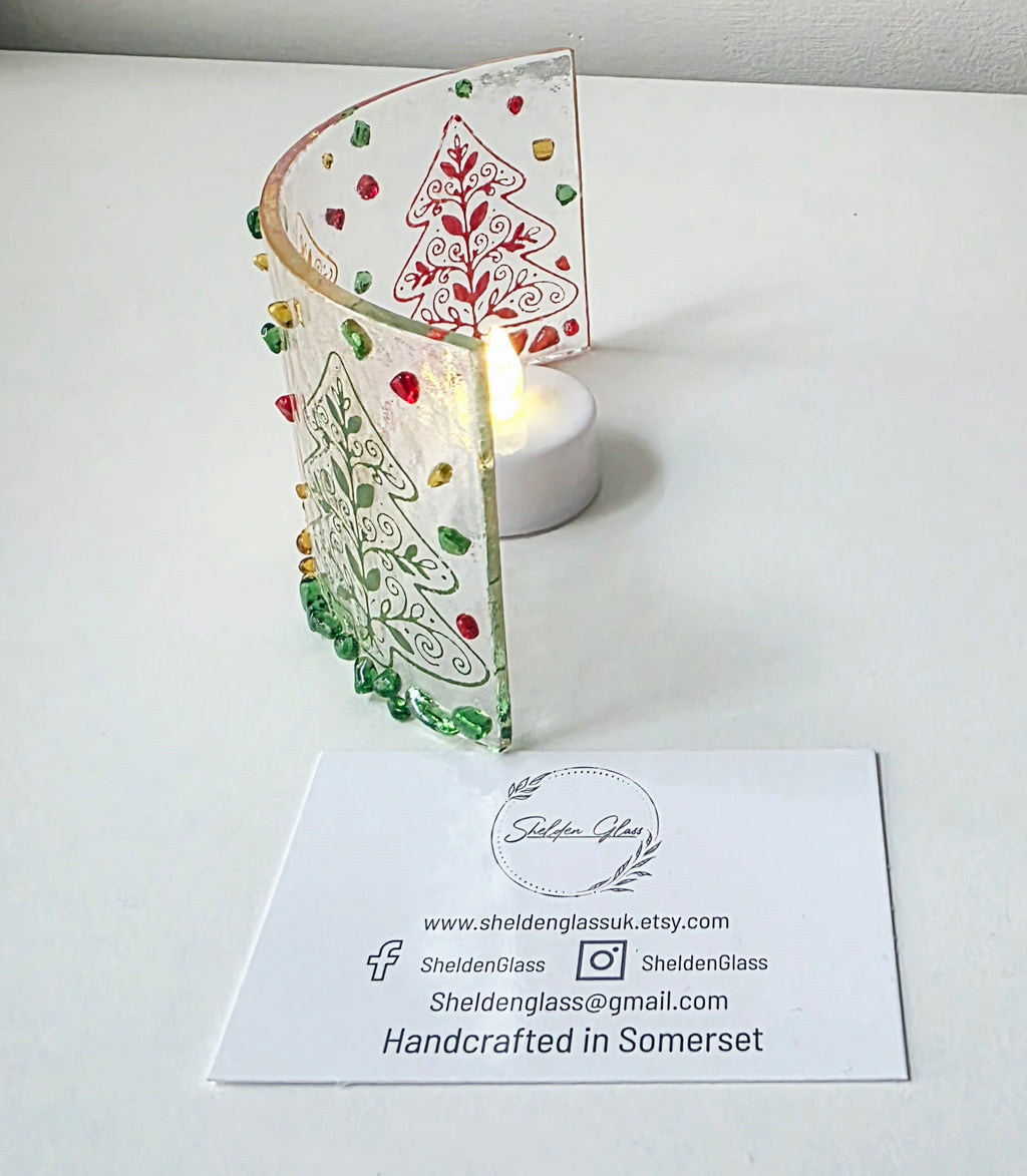 Handcrafted Fused Glass Christmas Tree Curved Candle Screen