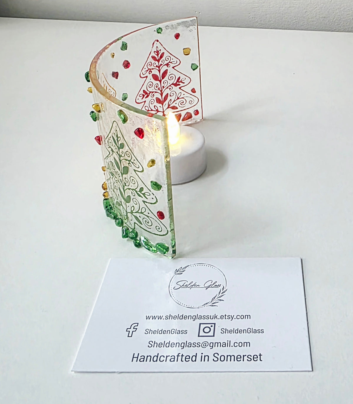 Handcrafted Fused Glass Christmas Tree Curved Candle Screen