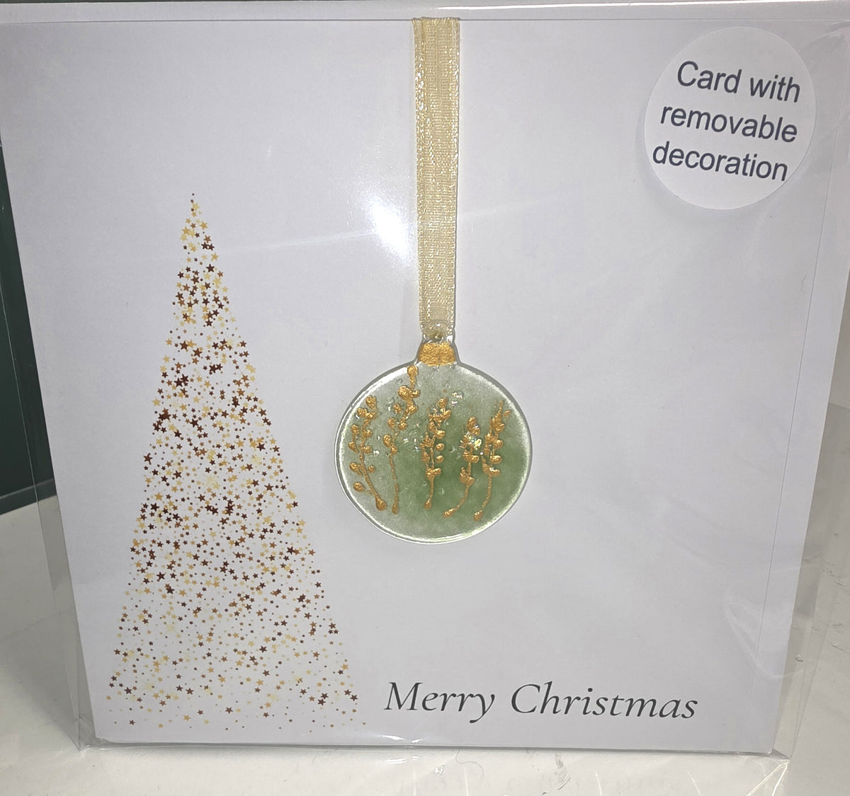Fused Glass Red or Green & Gold Bauble Christmas Card with Removable Ornament