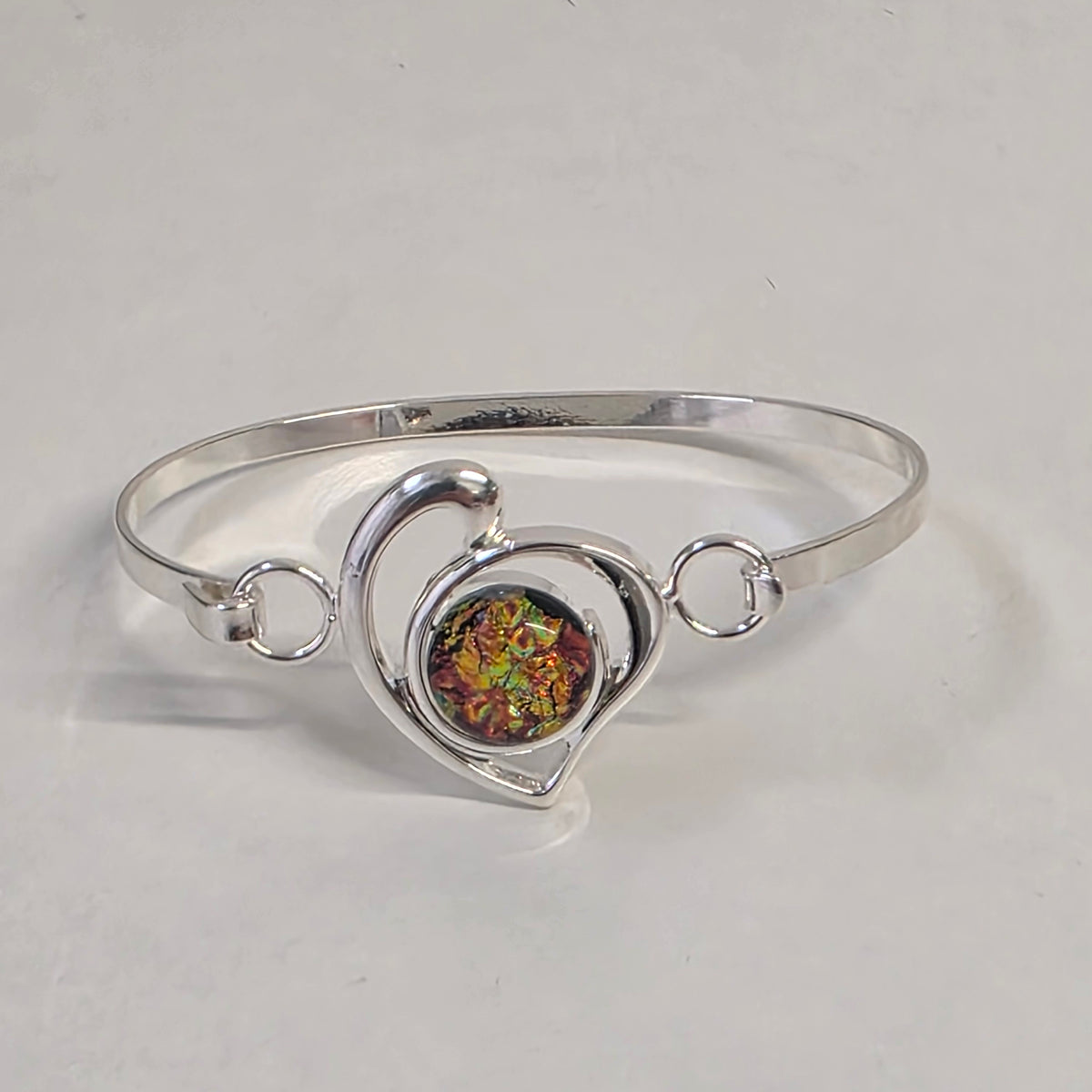Fiery Red Dichroic Glass Heart Cuff Bangle