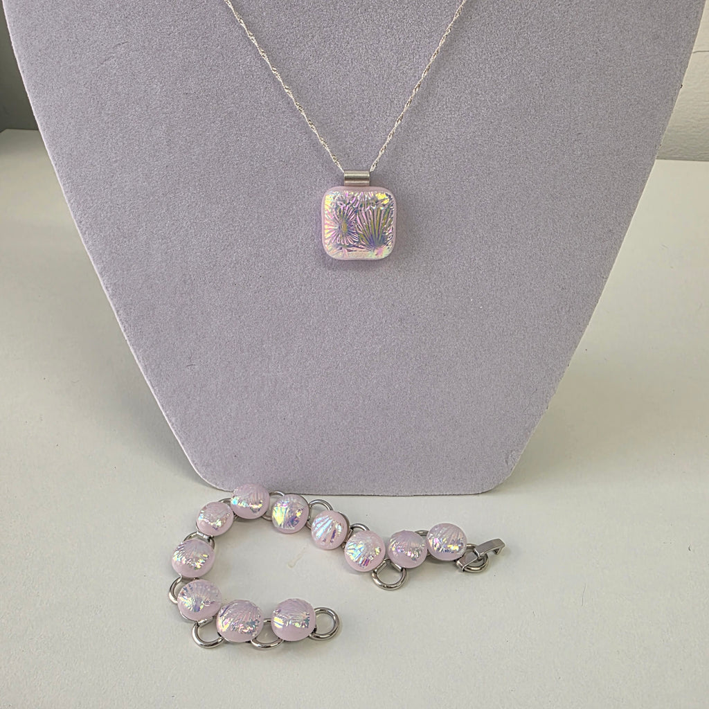 Pastel Pink Dichroic Glass Jewellery Set Pendant Necklace & Link Bracelet