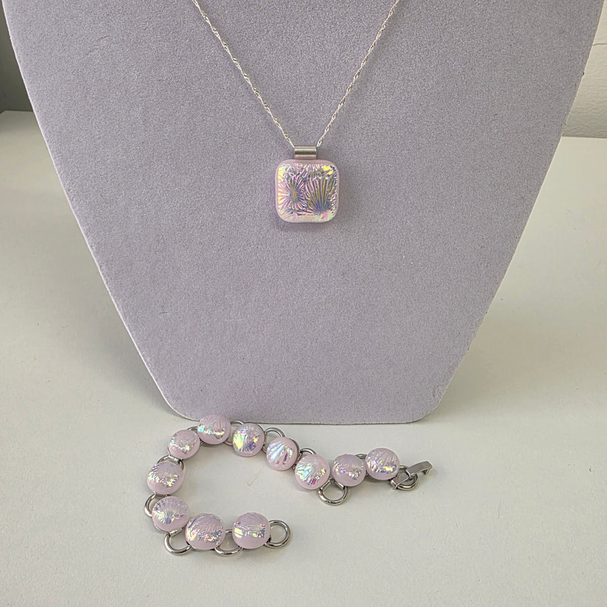 Pastel Pink Dichroic Glass Jewellery Set Pendant Necklace & Link Bracelet