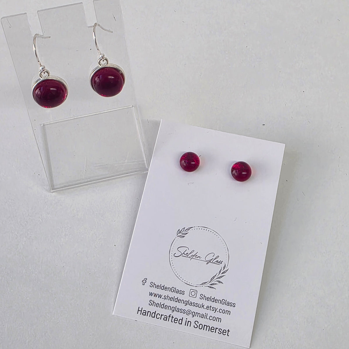 Handcrafted Ruby Red Glass Earrings - Sterling Silver Drop & Stud Options