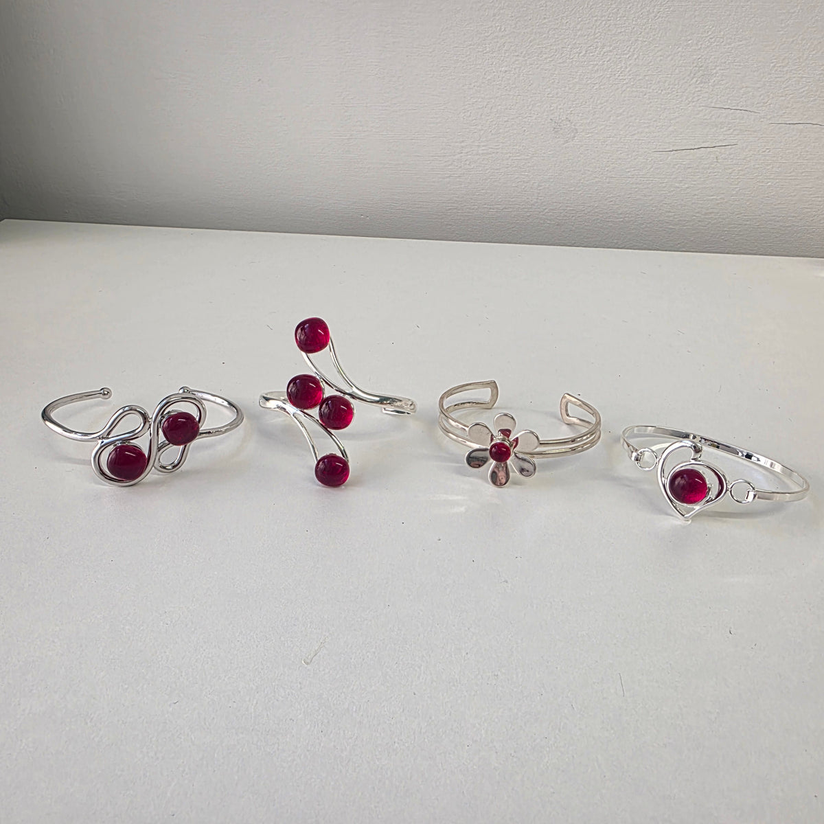 Ruby Red Glass Jewellery Set - Silver Tone Spiral Pendant, Earrings & Wave Cuff