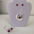 Ruby Red Glass Jewellery Set - Silver Tone Spiral Pendant, Earrings & Wave Cuff