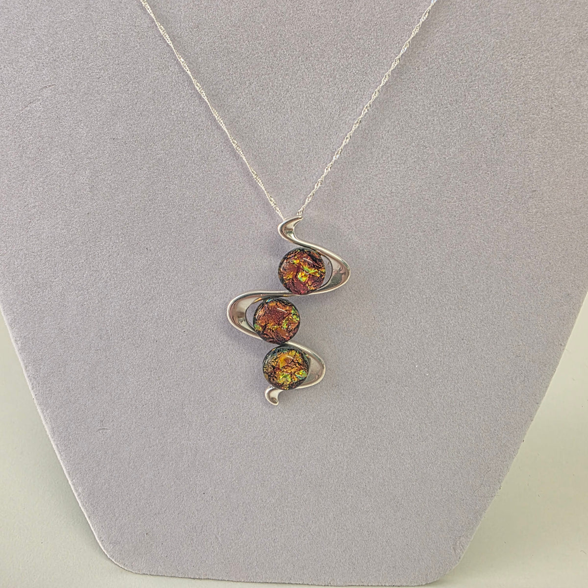 Fiery Red Dichroic Glass S-Curve Pendant Necklace