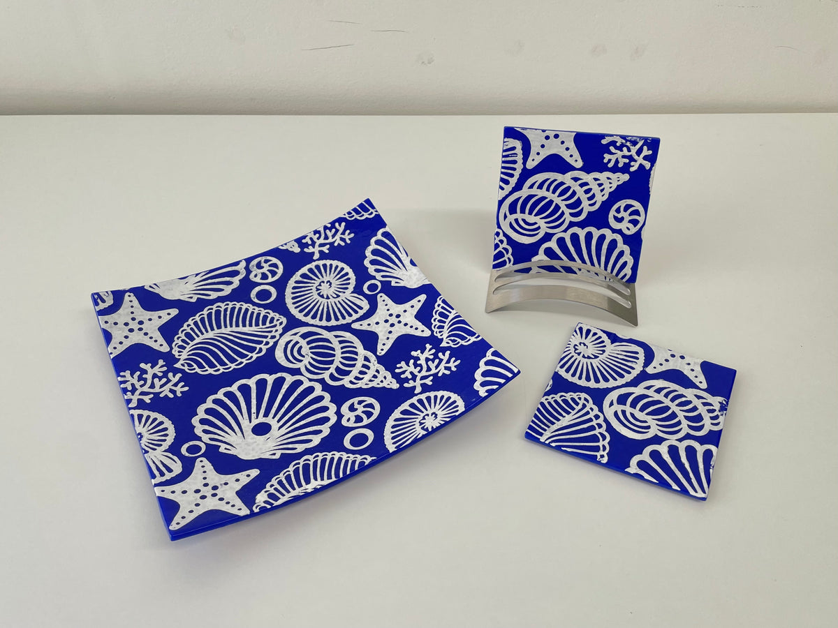 Cobalt Blue Seashell Fused Glass Dish & Coaster Set