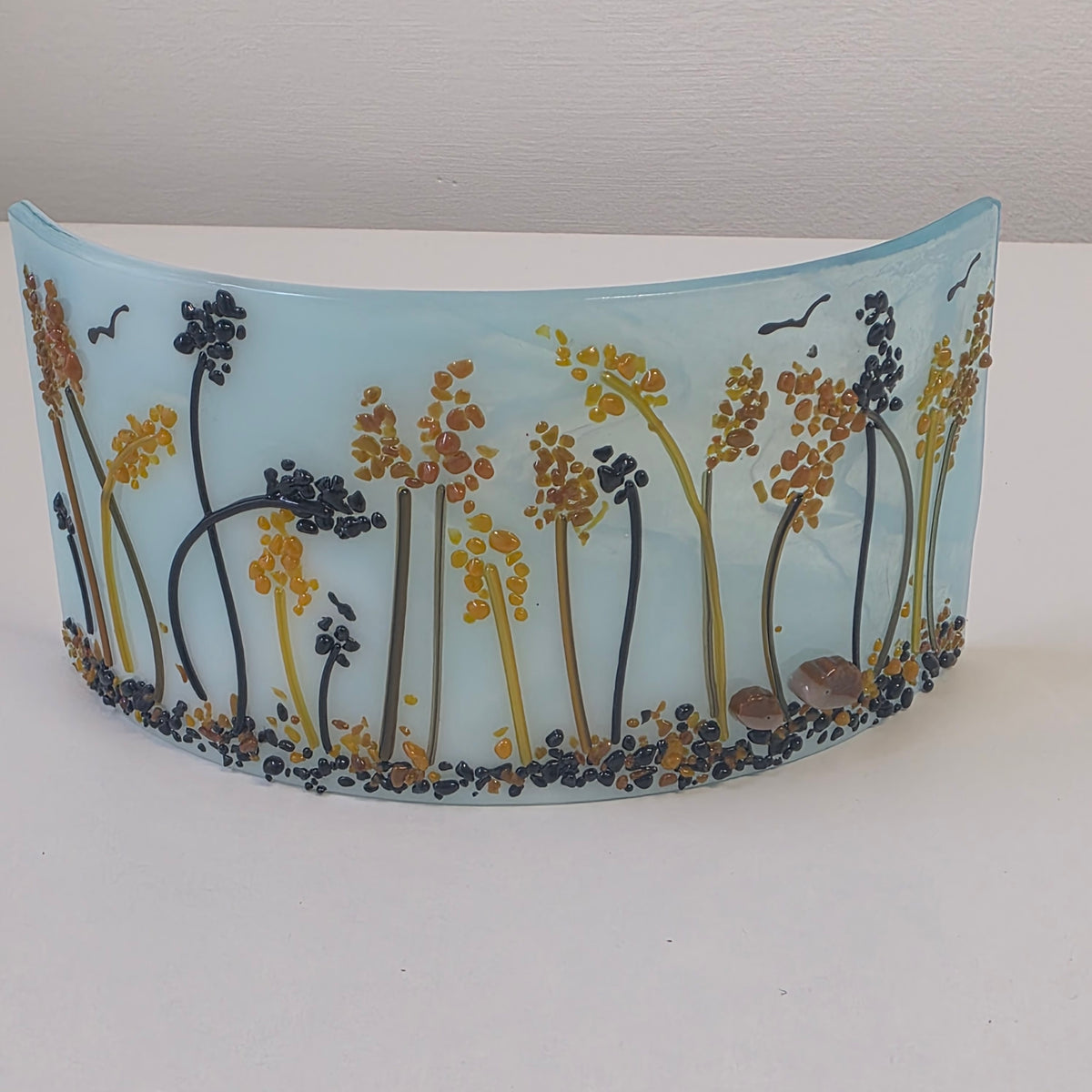 Coastal Reeds & Seed Heads Large Curved Fused Glass Mantle Wave