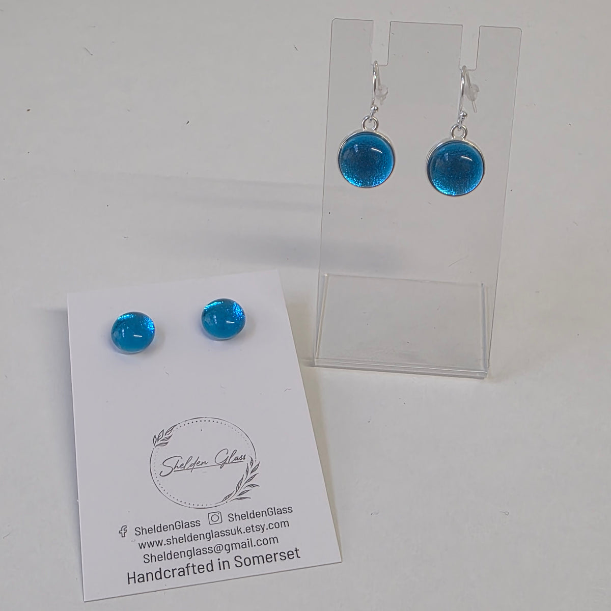 Turquoise Teal Dichroic Glass Drop Earrings and Stud Set on sterling silver hooks and posts