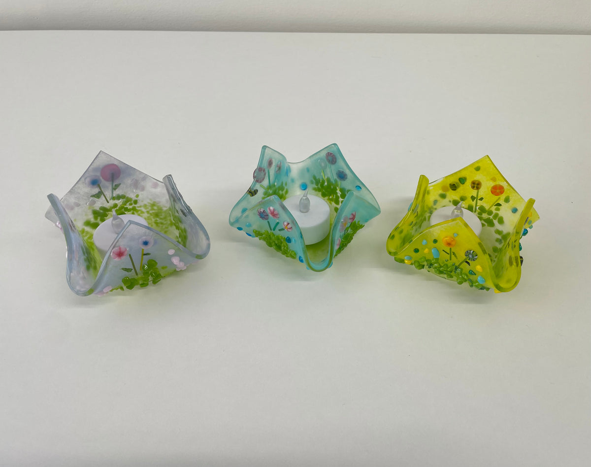 Handcrafted Fused Glass Floral Tealight Candle Holder