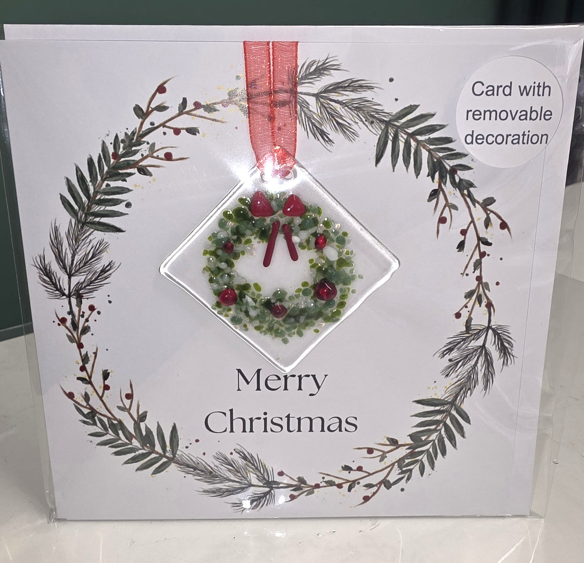 Handcrafted Fused Glass Wreath Christmas Card with Removable Hanging Ornament