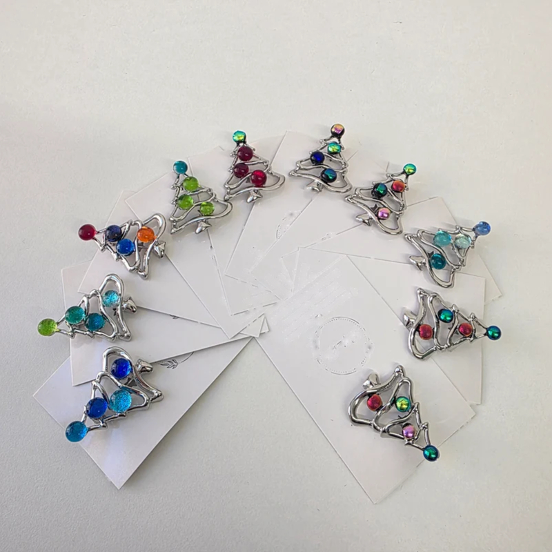 Christmas Tree Brooch with Dichroic Glass Cabochon Baubles