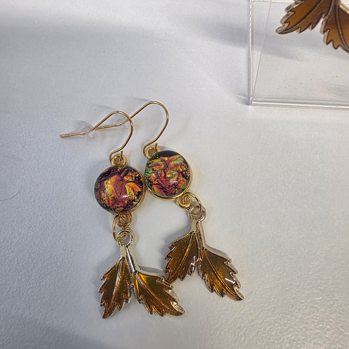 Autumn Leaf & Dichroic Glass Drop Earrings – Gold Plated Hooks