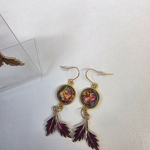 Autumn Leaf & Dichroic Glass Drop Earrings – Gold Plated Hooks