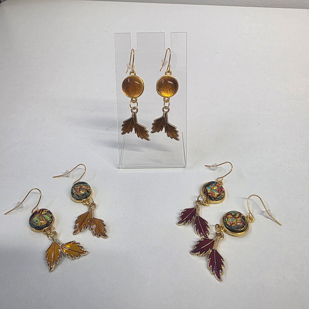 Autumn Leaf & Dichroic Glass Drop Earrings – Gold Plated Hooks
