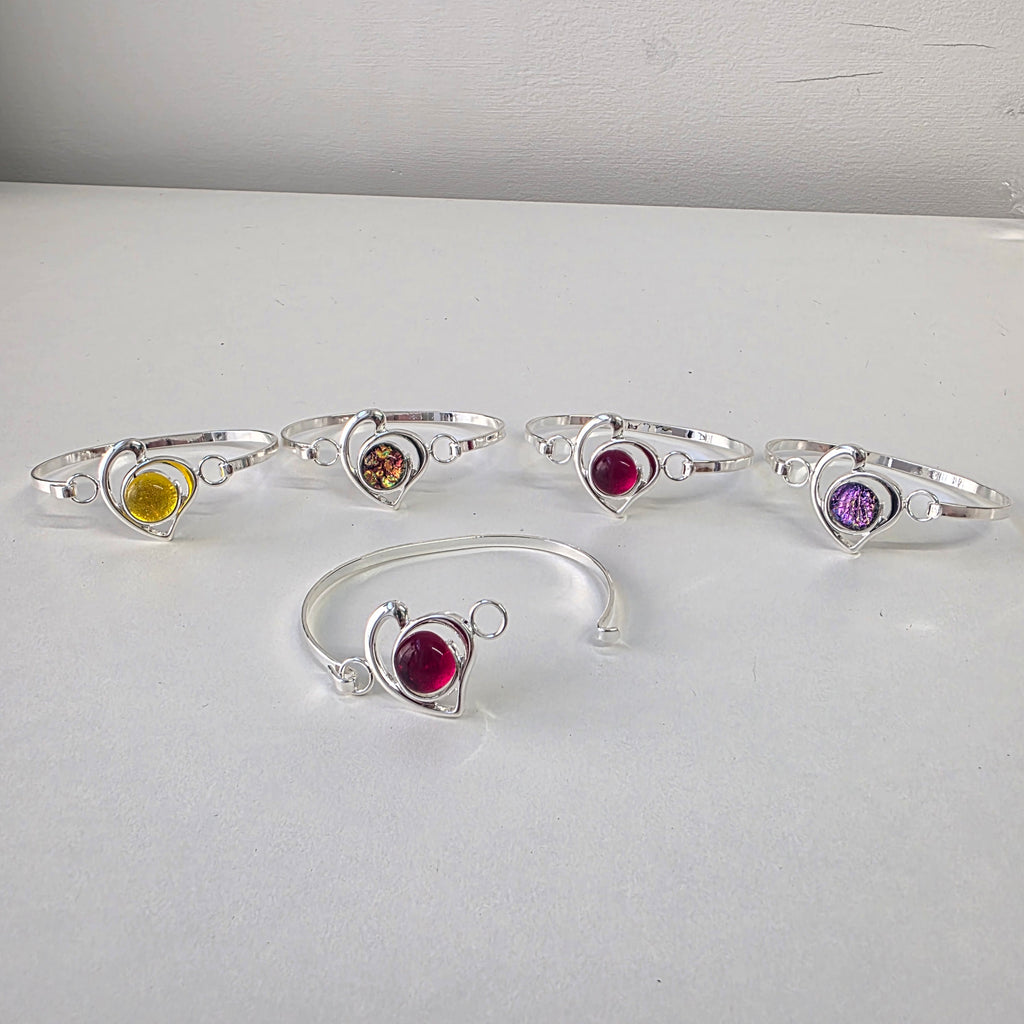 Handcrafted Silver Heart Bangle with Fused Glass Cabochons
