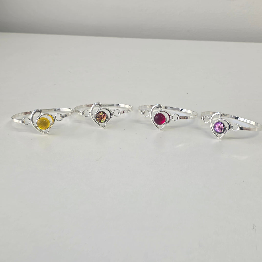 Handcrafted Silver Heart Bangle with Fused Glass Cabochons