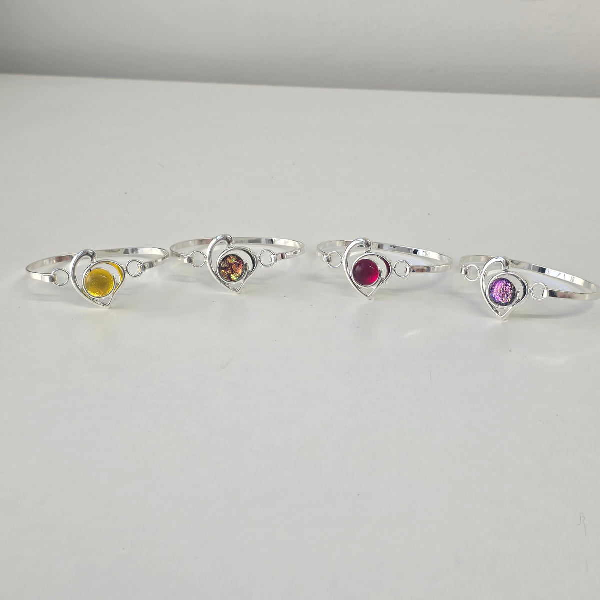 Handcrafted Silver Heart Bangle with Fused Glass Cabochons