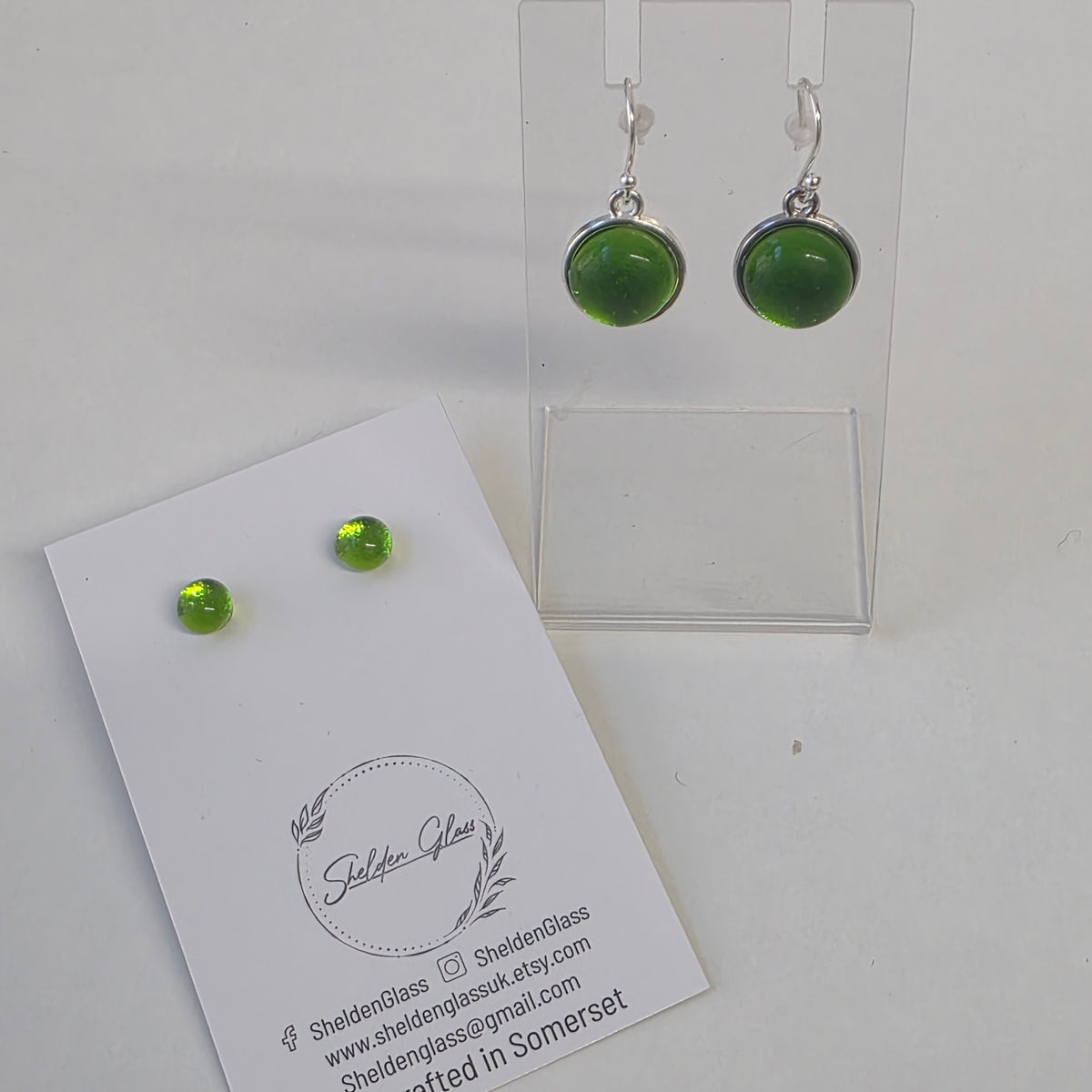 Olive & Lime Green Dichroic Glass Drop Earrings and Stud Set