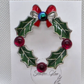 Christmas Holly Wreath Brooch with Red Glass Cabochon Berries
